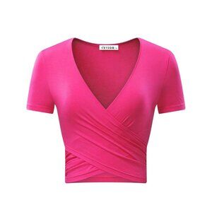 🍒 2/$20 🍒 Women's V-Neck Wrap Crop Top In Hot Pink Size L 100% Modal